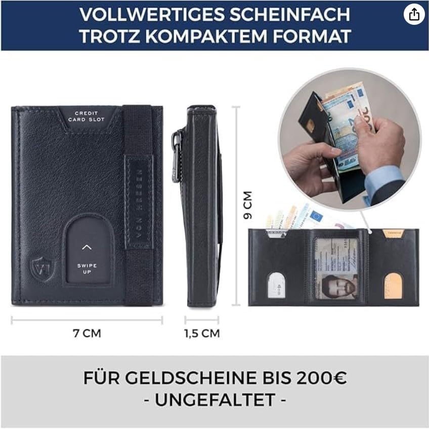 Image of AL FASCINO Men's Leather RFID Wallet, Black, Slim, Minimalist, 10 Card Slots, 30 Currency Compartment, Solid, Hook and Loop Closure