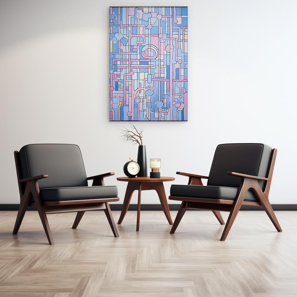 Canvas for Living room. Dancing Hues and Dynamic Lines: A Vivid Fusion of Pink, Blue, and Yellow Abstract Art with a Hint of Numerical Intrigue, 27 x 18 inch Canvas Wall Art - Ready to Hang