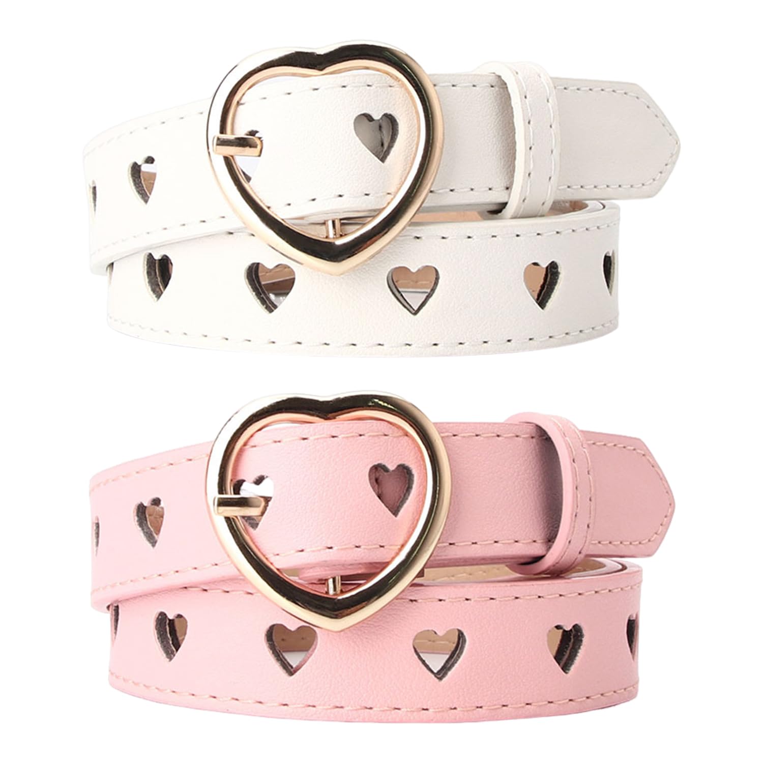 Confezione da 2 cinture a forma di cuore, cinture per ragazze con fibbia a forma di cuore carina, cintura regolabile per jeans, pantaloni (bianco + rosa