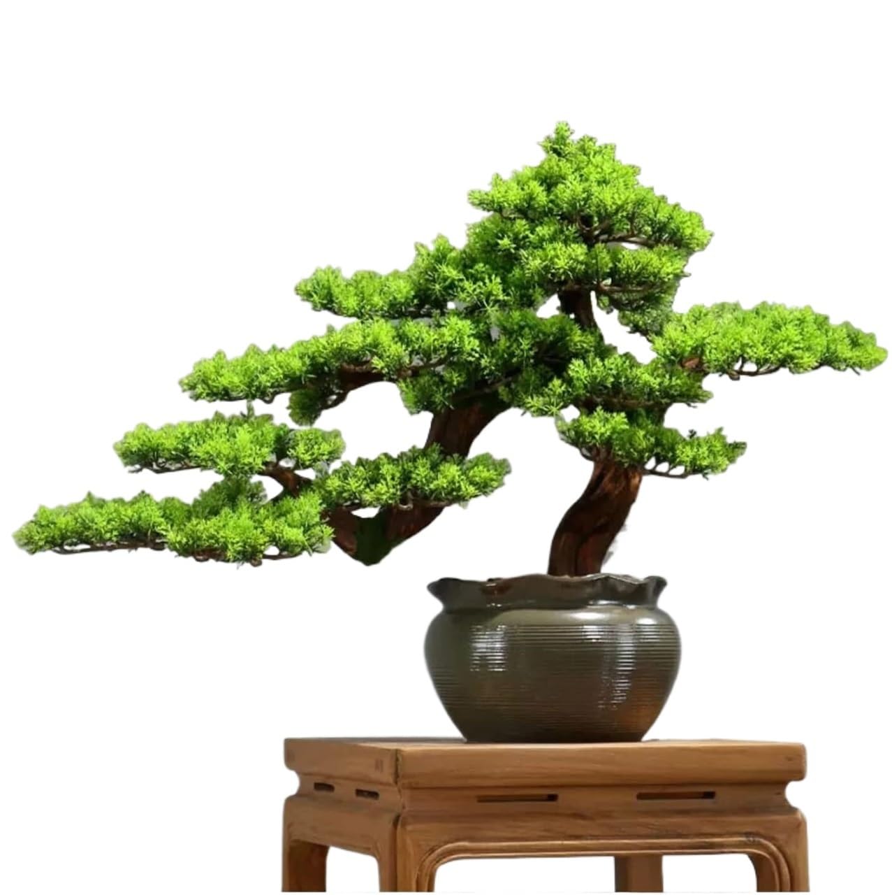 Artificial Bonsai Tree Simulation Potted Plant, New Chinese-Style Green Simulation Welcome Pine Bonsai Tree Indoor Desktop Decor Simulation Plant Fake Tree Ceramic Flower Pot(Grün)
