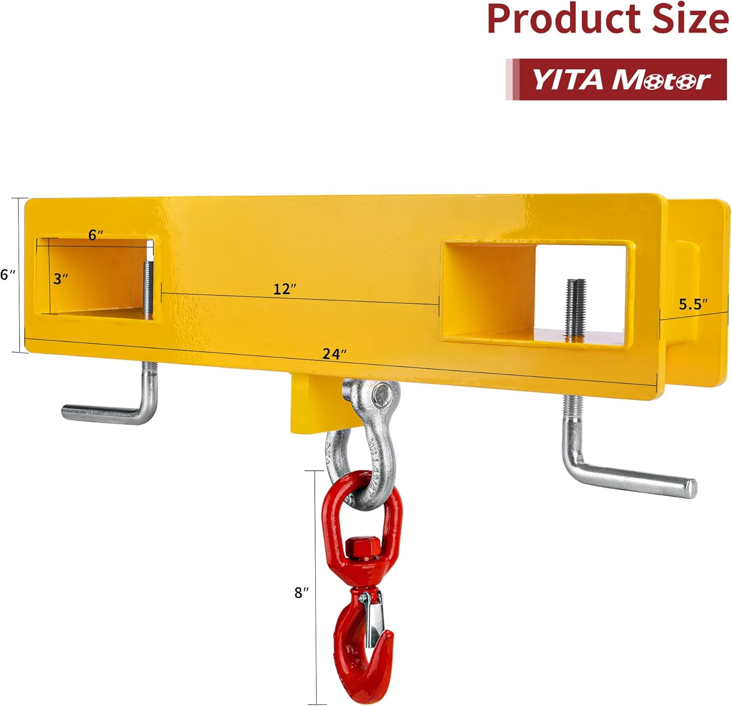Diagram showing the dimensions of the YITAMOTOR Forklift Lifting Hook, including overall length of 24 inches, fork slot width of 3 inches, and hook height of 8 inches.