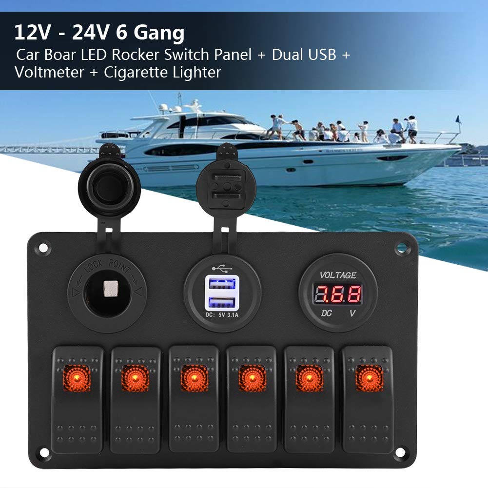 KIMISS 6-gangowy panel przełączników LED 12V 24V dla samochodu i łodzi z USB, woltomierzem i zapalniczką, pomarańczowy