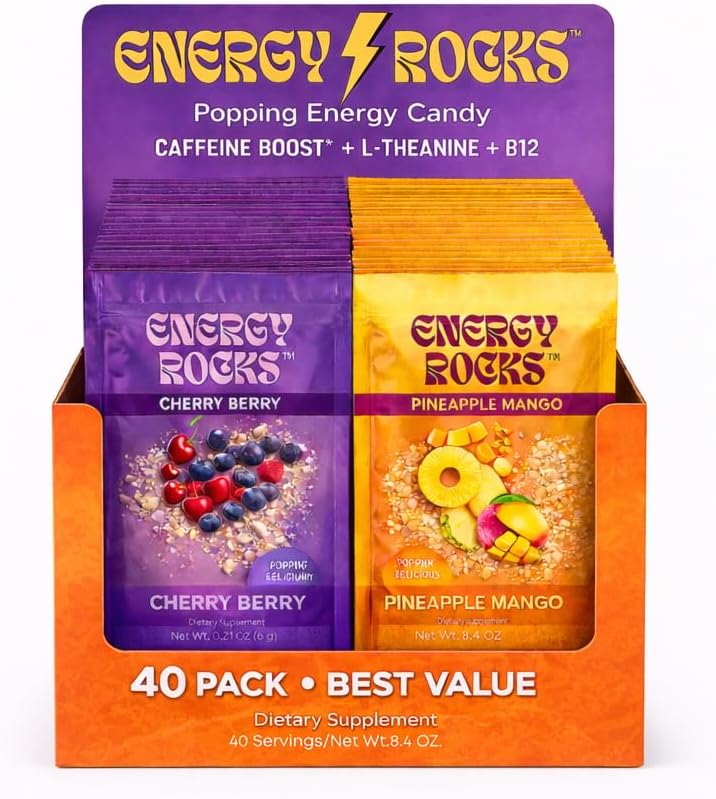 Caffeine Candy - Popping Energy Candy Crystals, 100mg Caffeine, L-Theanine & B12 - Fast Energy, No Drink Needed - Coffee Alternative 40-Pack (Cherry Berry & Pineapple Mango)
