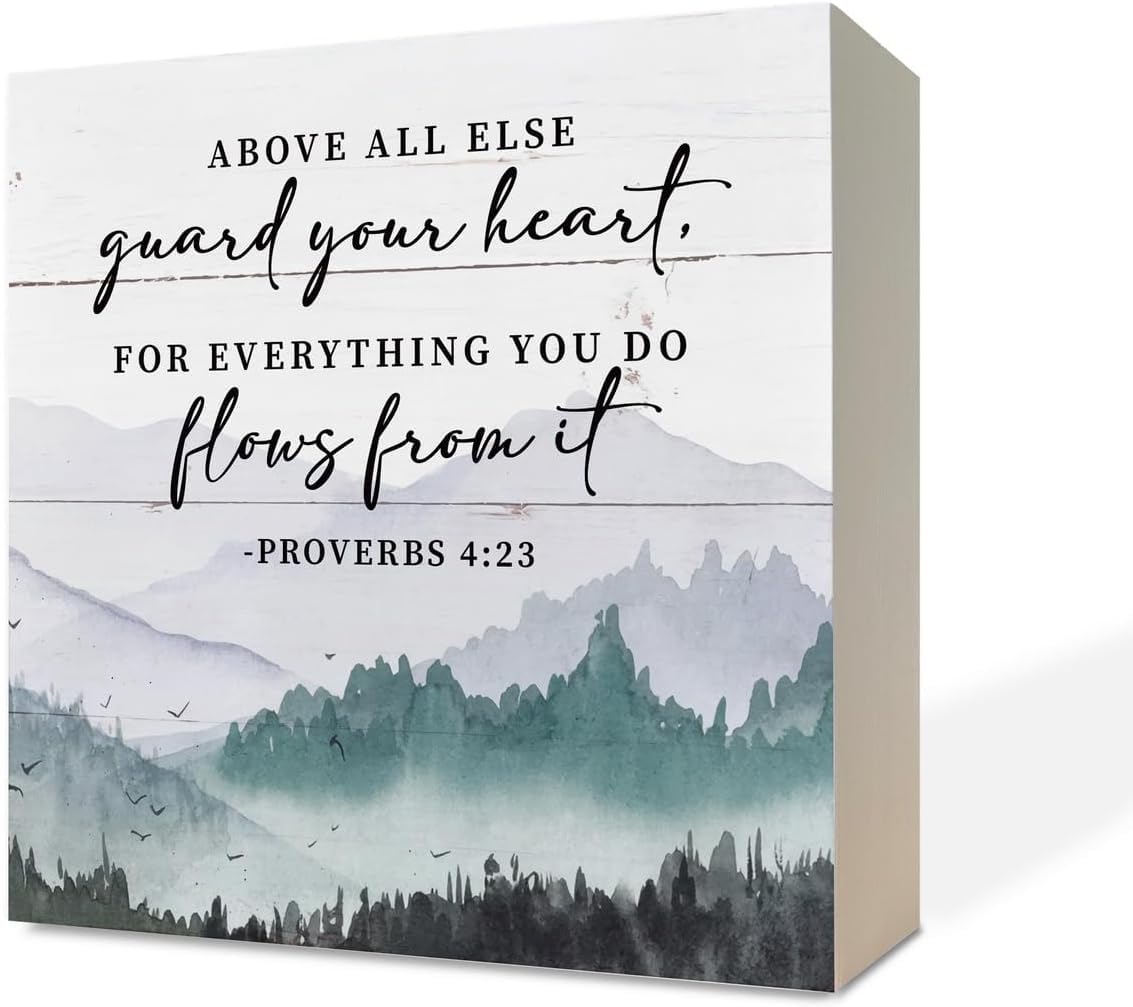 Pibonto Desk Decor Christian Wood Box Sign Decor Tabletop,Bible Verse Proverbs 4：23 - Above All Else Guard Your Heart For Everything You Do Flows From It,Christian Home Decor,Farmhouse Decor,Christian Gifts 7X7 Inch