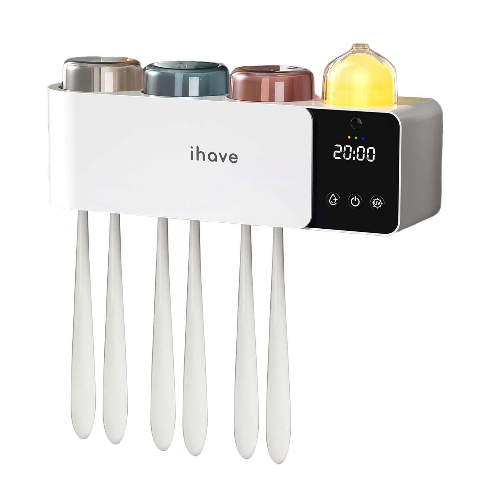 iHave Soporte para cepillos de dientes con desinfectante UV, difusor de aromaterapia y luz nocturna infrarroja, desinfección inteligente de crucero de 4 horas, secado combinado auxiliar, organizador