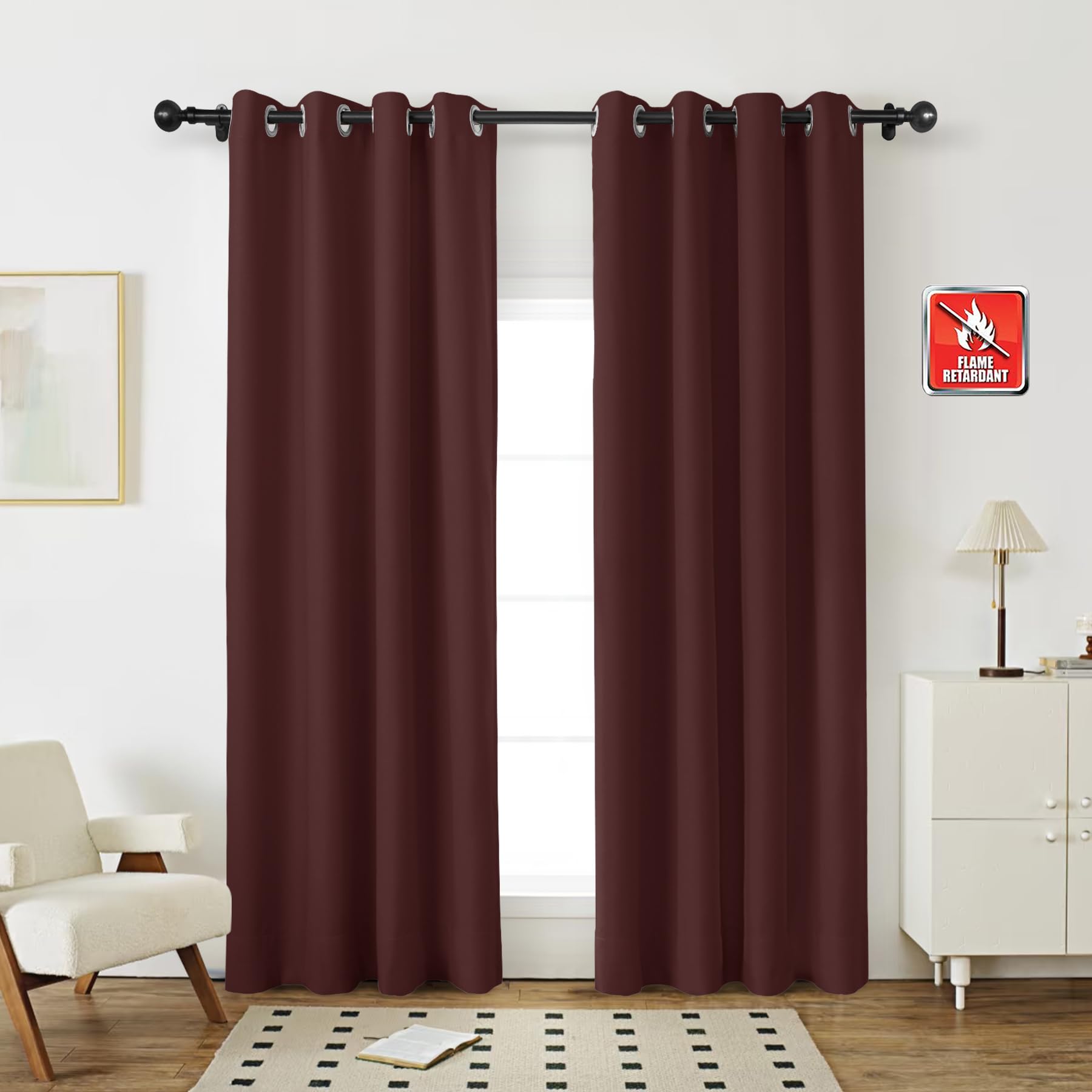 Ognioodporny Merlot – 80% blokada światła przelotka do okien 132 cm szer. x 213 cm dł. zestaw 2 kuchni i patio dekoracja domu dla bezpieczeństwa i prywatności