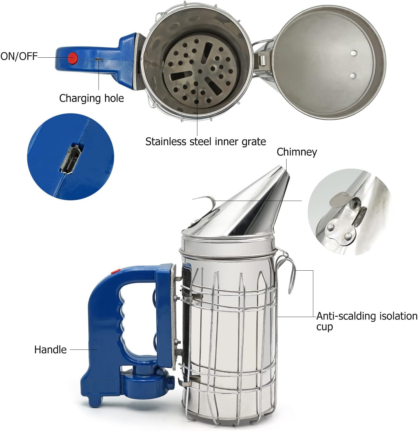 Electric Bee Smoker Bee hive Smoker for Beekeeper Stainless Steel with Heat Shield, Beekeeping Tool Equipment Large (not Come with Batteries)