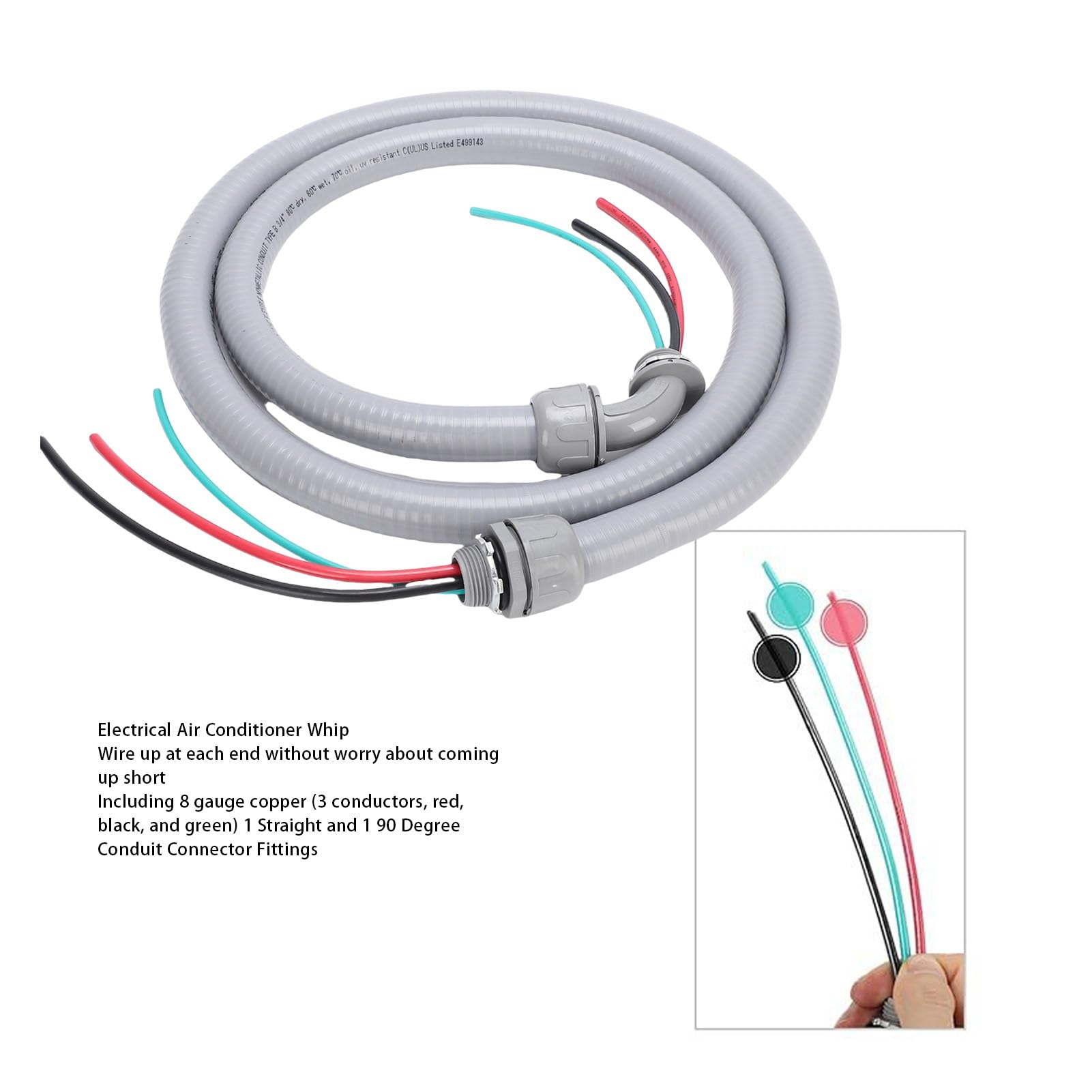 Brrnoo Conjunto de Látigo de Alimentación de Conducto Eléctrico Flexible, Hermético a Líquidos, No Metálico, de 3/4 pulg. X 6 Pies, con Cables Previamente Pelados y Tres Conductores