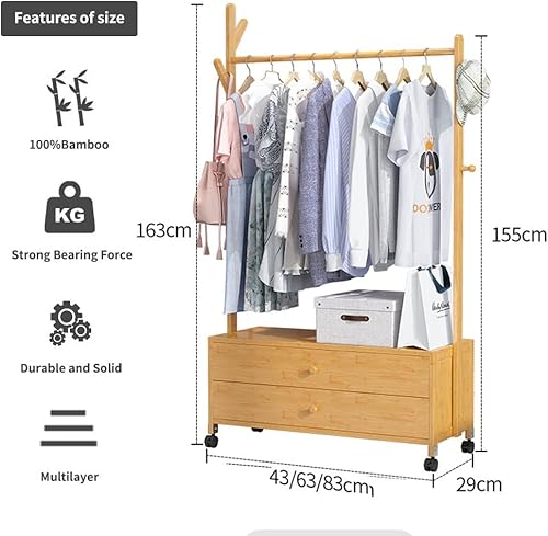 Miniatura 2 de Perchero independiente resistente, perchero de bambú con ruedas, ideal para almacenamiento de ropa de dormitorio (color madera 24.8 x 11.4 x 64.2in)