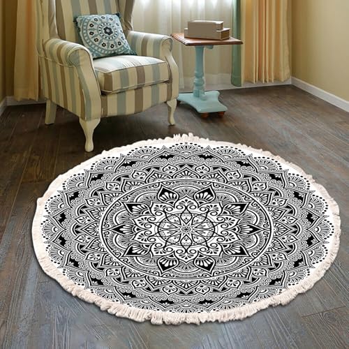 Tapis rond bohème antidérapant et lavable à pompons 80cm - 2