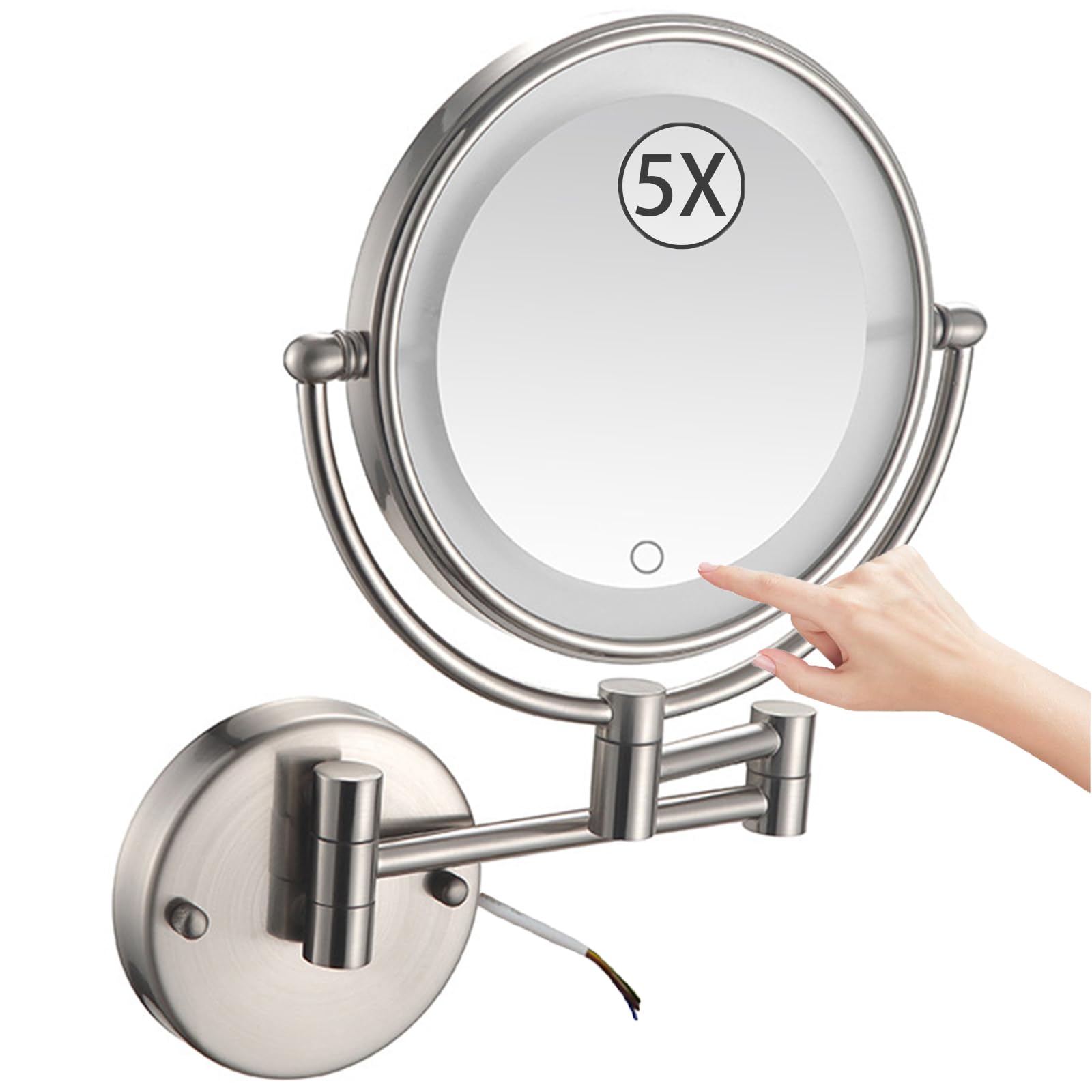 SXFSDOU 8" Wall Mounted Lighted Makeup Mirror, Stepless Dimming Hardwired Magnifying Vanity Extendable 360° Swivel LED Bathroom Mirror,Brushed nickel,5X