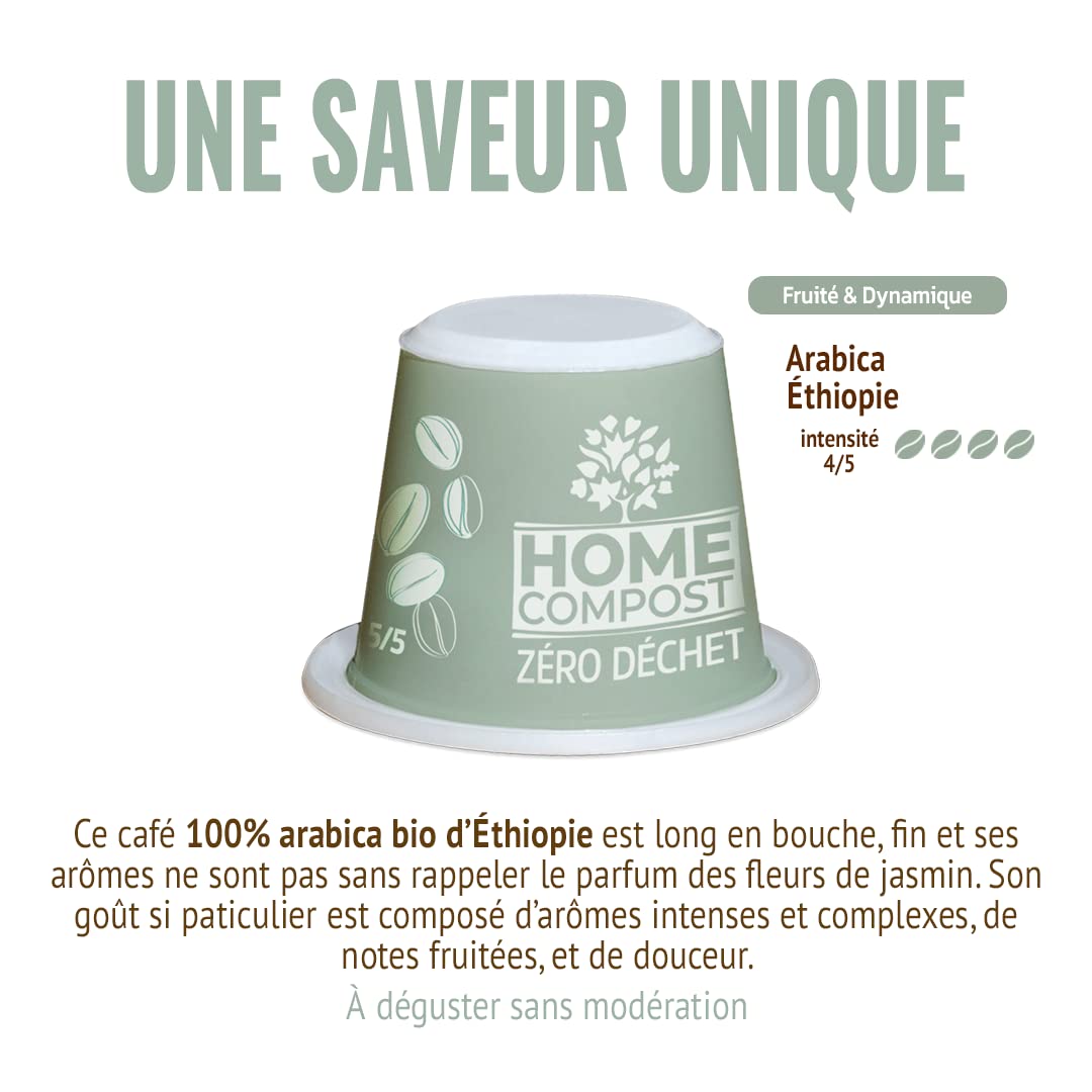MOKA - 100 Capsules Café Bio d’excellence 100% Pur Arabica d'Ethiopie Bio (10*10) - Délicat et Fruité - Compatibles avec Nespresso - Intensité 8 - Home Compost - Expresso et Lungo - Torréfié en France