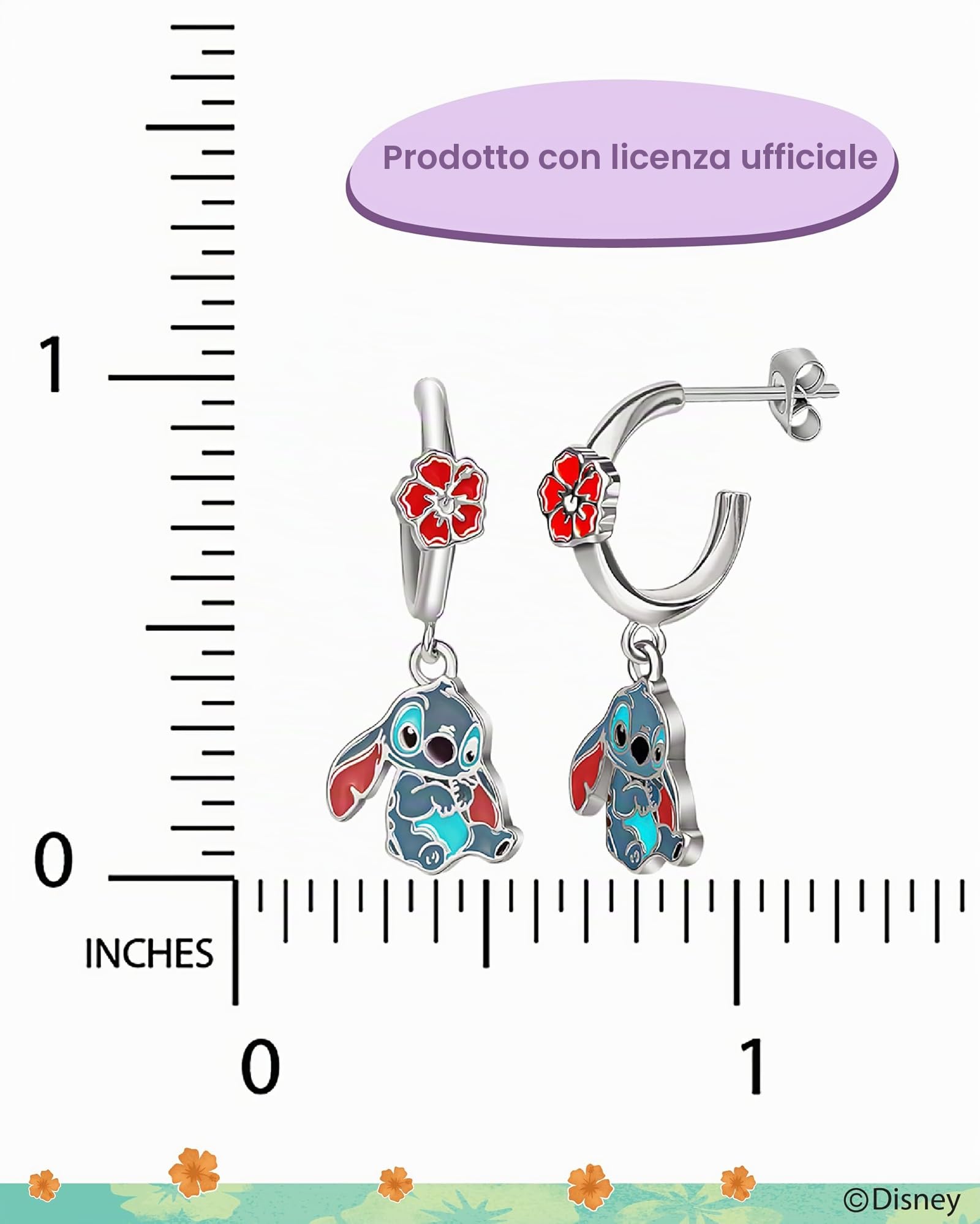 Orecchini a Cerchio Disney Lilo e Stitch - Orecchini Pendenti in Ottone con Fiori di Ibisco Smaltati e Cuciture - Licenza ufficiale