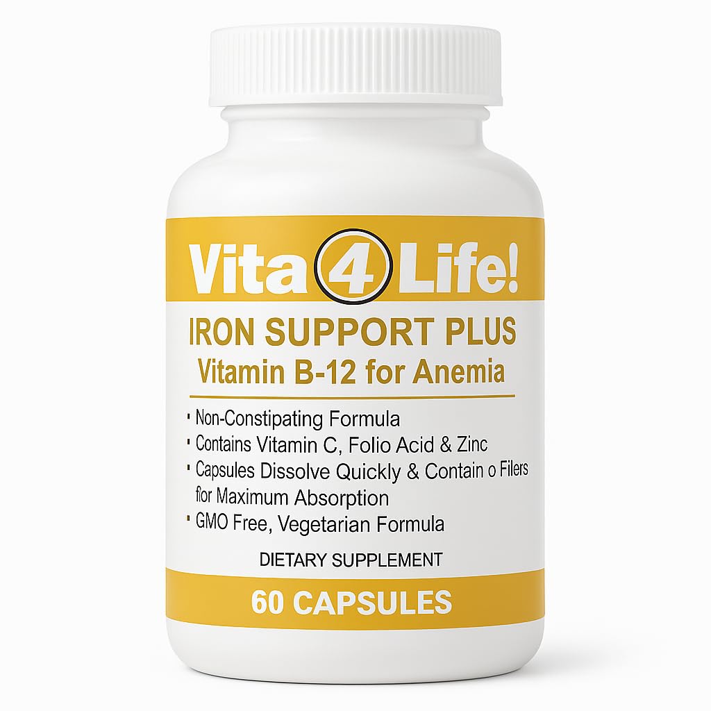 Vita4Life!® Iron Support Plus - 40mg Iron with Vitamin C, B-12, Folic Acid & Zinc - 60 Capsules - Non-Constipating Formula for Red Blood Cell Support & Energy - Vegetarian & GMO-Free