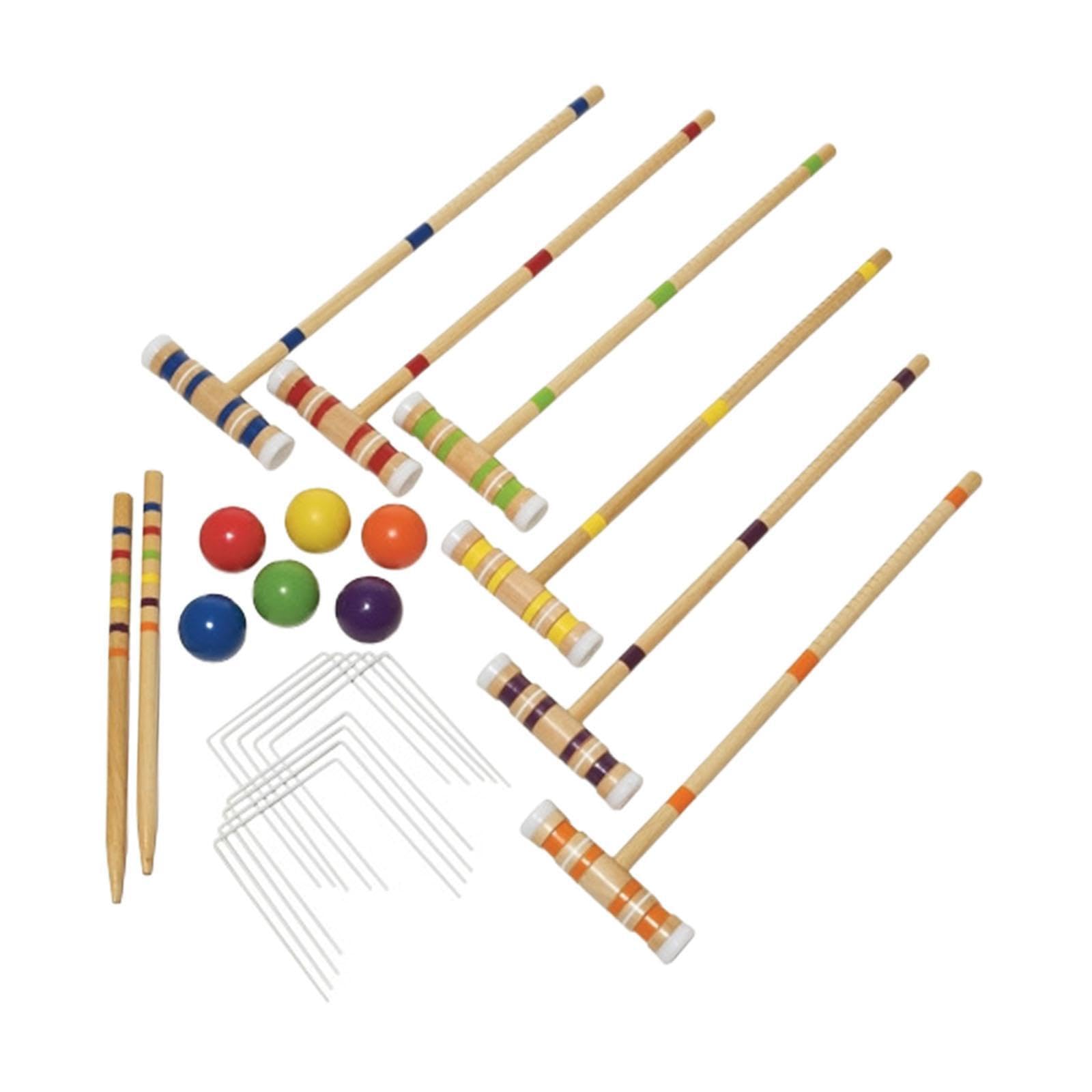 Outdoor Krocketset mit Holzschlägern und farbigen Kugeln für unterhaltsame Gruppenaktivitäten bei Gartenfesten oder Anderen besonderen Anlässen. Sportliches Outdoor