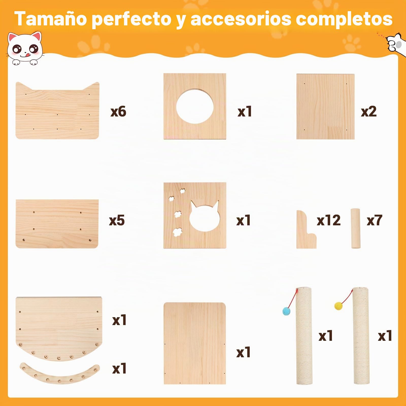 Juego de Pared de Escalada para Gatos - 5 Piezas, 3 Niveles, Escalera Con 2 Bolas de Peluche, Estable, Cama y Cueva