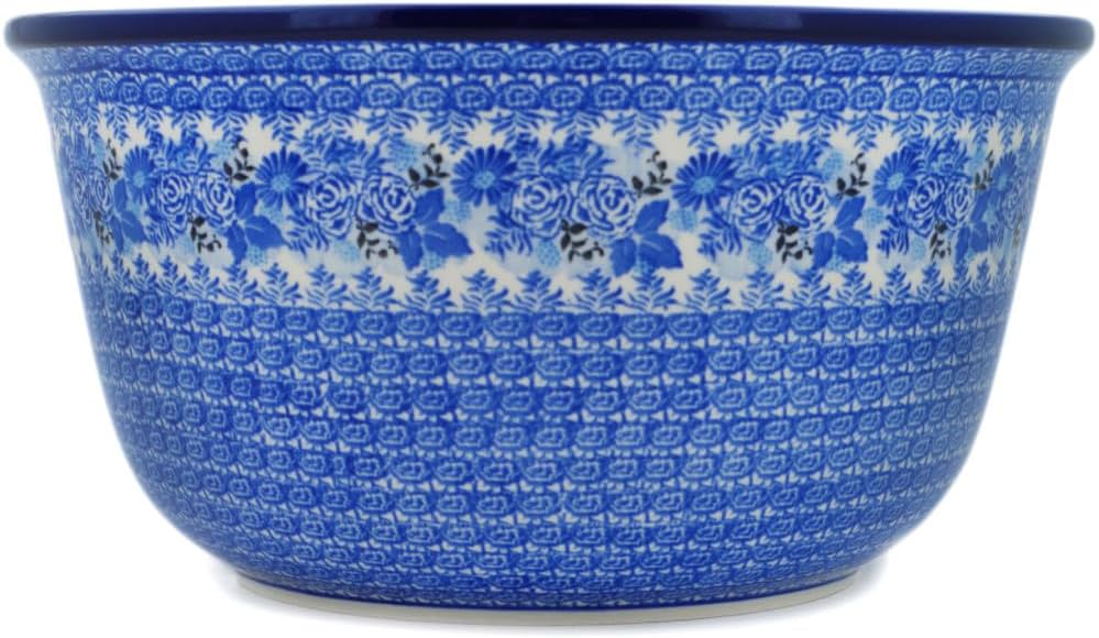 Polmedia Polish Pottery Mixing Bowl 12-inch UNIKAT - Frosted Bouquet Pattern Handmade in Boleslawiec Poland by Ceramika Artystyczna + Certificate of Authenticity