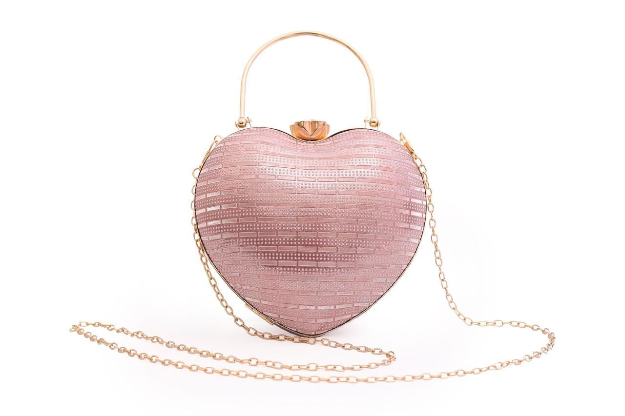Heart Shaped Evening Clutch, Silver, Textured Pattern, Rose Gold Hardware, Chain Strap, Top Handle-image-34