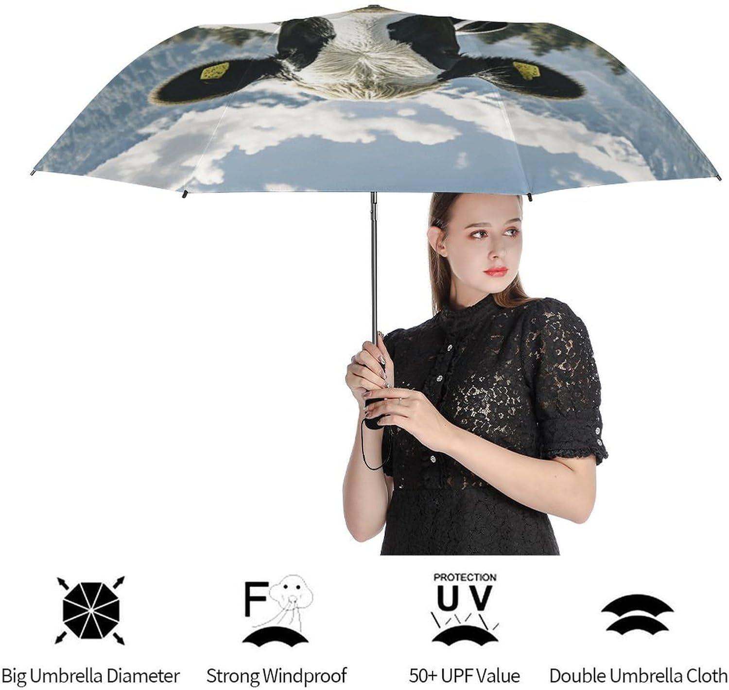 Black And White Cow Golf Umbrellas-2 Fold Automatic,Windproof Umbrella with Portable,Strong,Folding Umbrella for Women Men