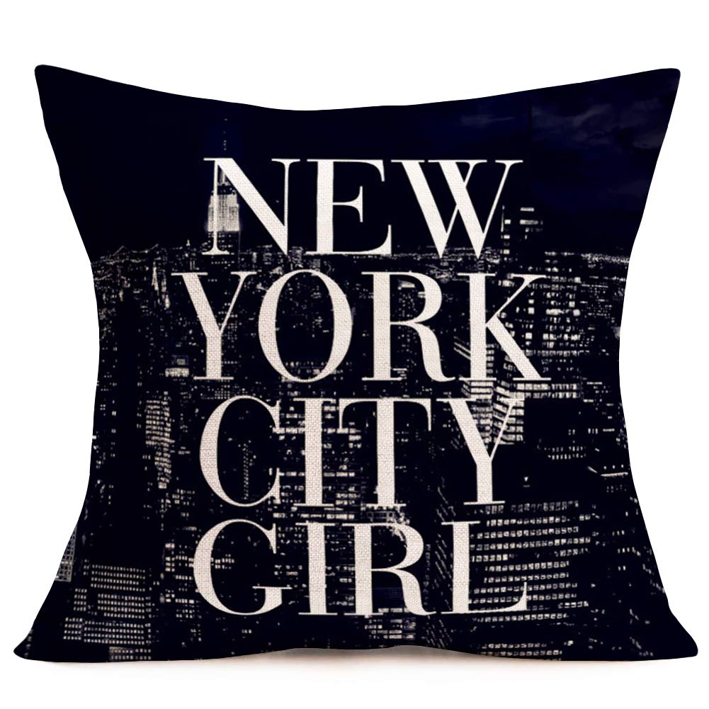 Tlovudori Hopyeer Throw Pillow Cover New York Night City Girl Words Design Building Night Scene Skyline Home Decor Pillow Cases Cotton Linen Cushion Covers for Sofa Couch 18"x18" (NY-Girl)