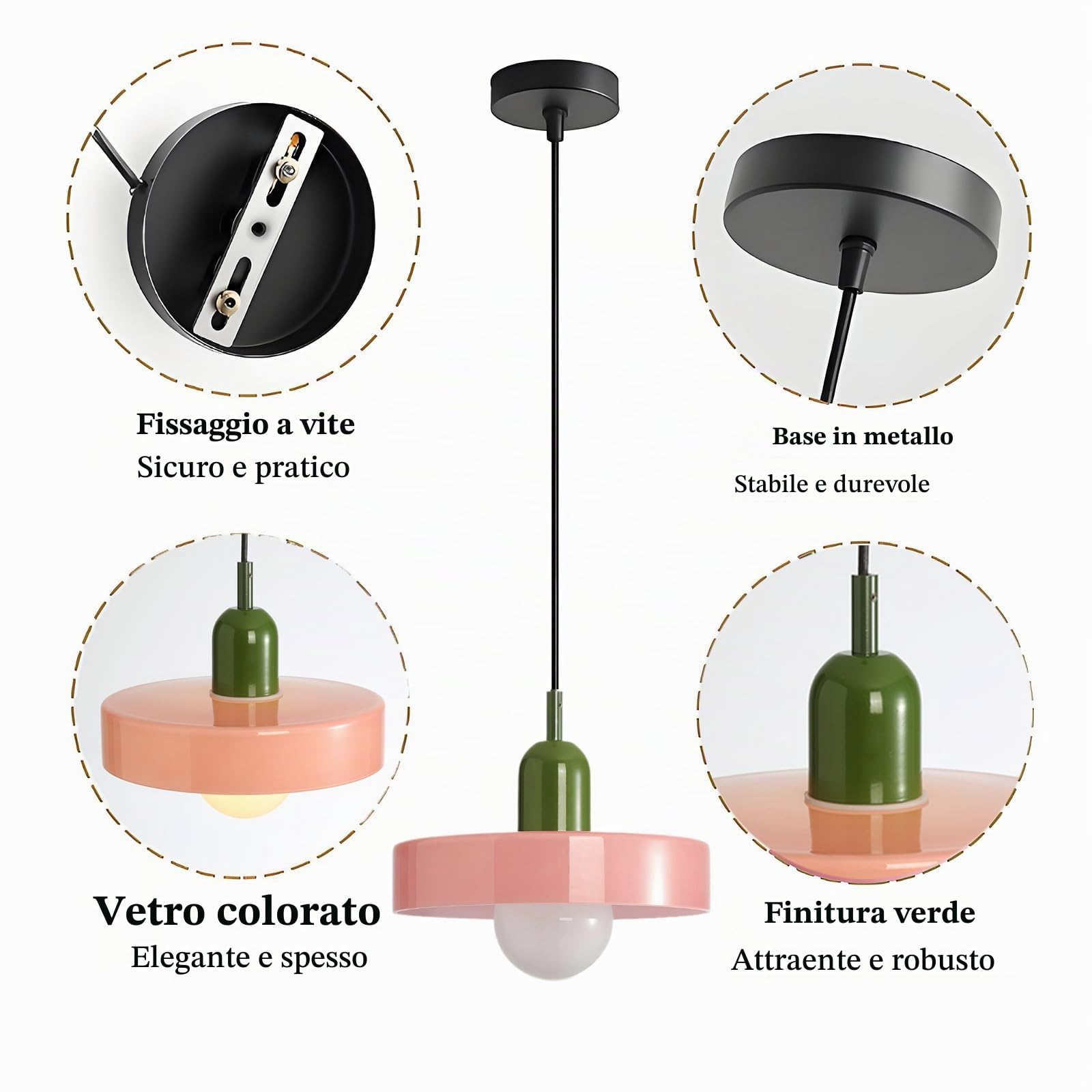 25cm Lampada a Sospensione Moderna in Vetro Rotondo, Base E27, Regolabile in Altezza, Lampadario Sospeso da Soffitto per Cucina, Sala da pranzo, Camera da letto (Rosa)