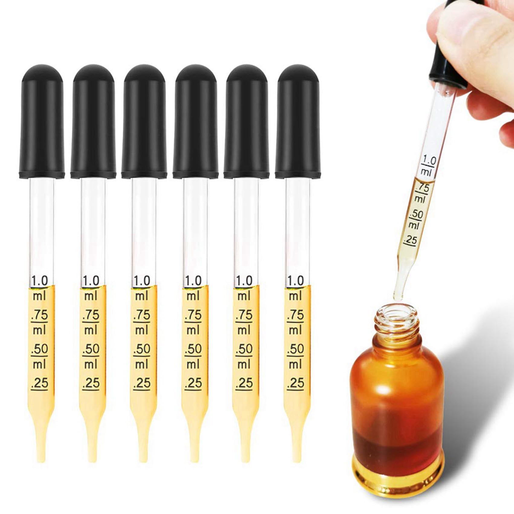 200 cuentagotas de vidrio de 1 ml, pipetas cuentagotas con bombilla de succión negra, para maquillaje líquido artístico, estilo de punta recta