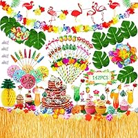 BARAKYEG 142 Stück Hawaii Party Dekoration Set,Hawaii Luau Tischröcke,Hawaii Deko,Banner,Blüten,Künstliche Palmenblätter,Hawaiian Party,Kuchendeckel und Papier Strohhalme für BBQ Tropischen Garten