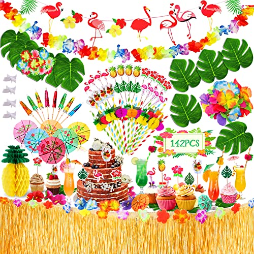 BARAKYEG 142 Pcs Hawaiano Luau Falda de Mesa Set de Decoración,Falda de Mesa Hawaiana de 9.6FT Hojas de Palma Flores Hawaianas Adorno de Pastel y pajitas,Decoraciones de Mesa de Fiesta Tiki de Verano