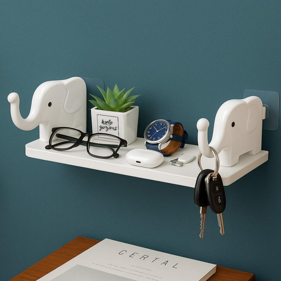Self Adhesive Floating Shelves Wall Shelf for Kitchen Bathroom Entryway Stand Holder for Bathroom Toilet Kitchen Bedroom Office Shelf Wall Holder Elephant Shape (White)-image-29