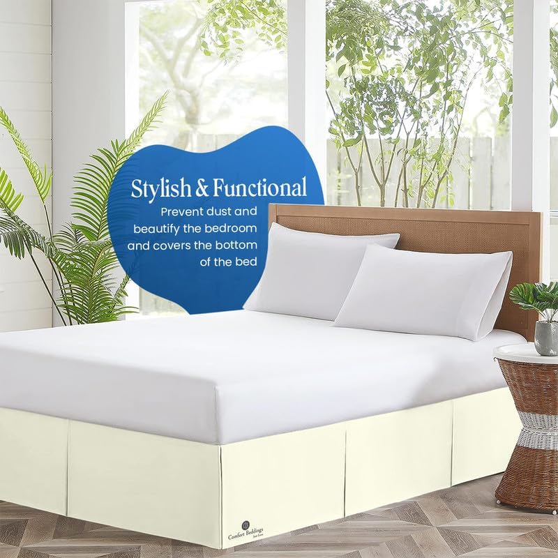 17 Inch Drop Bed Skirt Queen Size with Platform to Stay in Place Elegant Pleated Design with Split Corners Wrinkle Resistant Fabric for Modern and Stylish Look - Ivory