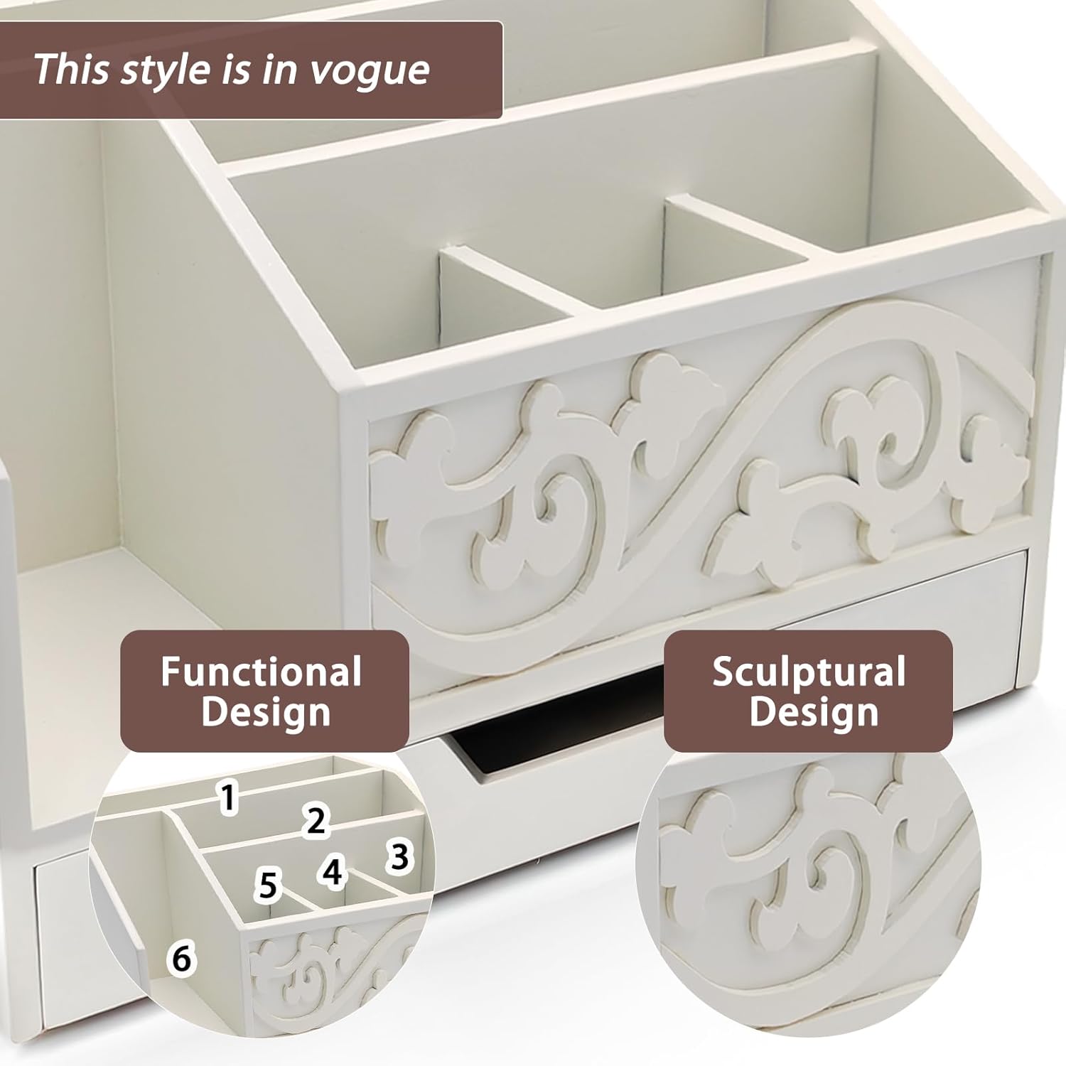 White Wooden Mail Organizer with Drawer, Three Tiered Desk Accessories for Office Organization and Storage, Stylish Countertop Document Storage, Home/Office/Classroom Supplies (White01)