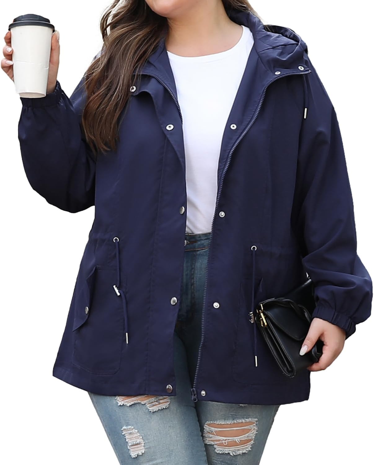 Bloggerlove XL-5XL Women Plus Size Rain Jacket Lightweight Raincoat with Hood Waterproof Outdoor Windbreaker