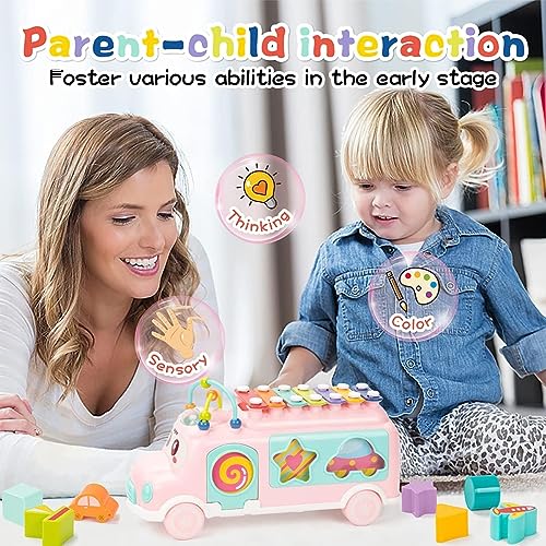 Image of PLUSPOINT Activity Bus Toy for Baby Pull Along School Bus Xylophone Toy for Toddlers Musical Bus Toys Shape Puzzles Knocking Xylophone Educational Musical Toys,Birthday Gifts for Kids,Multicolor