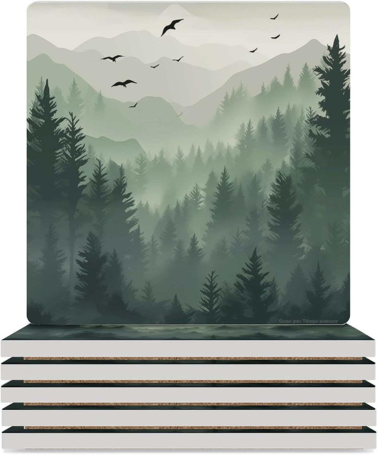 Forest Drink Coasters, Square Ceramic Drink Coaster Square-6PCS, Watercolor Mountain Forest Nature Tree Woodland Decor Absorbent Ceramic Coasters for Beverage Cup, Bar, Coffee Table