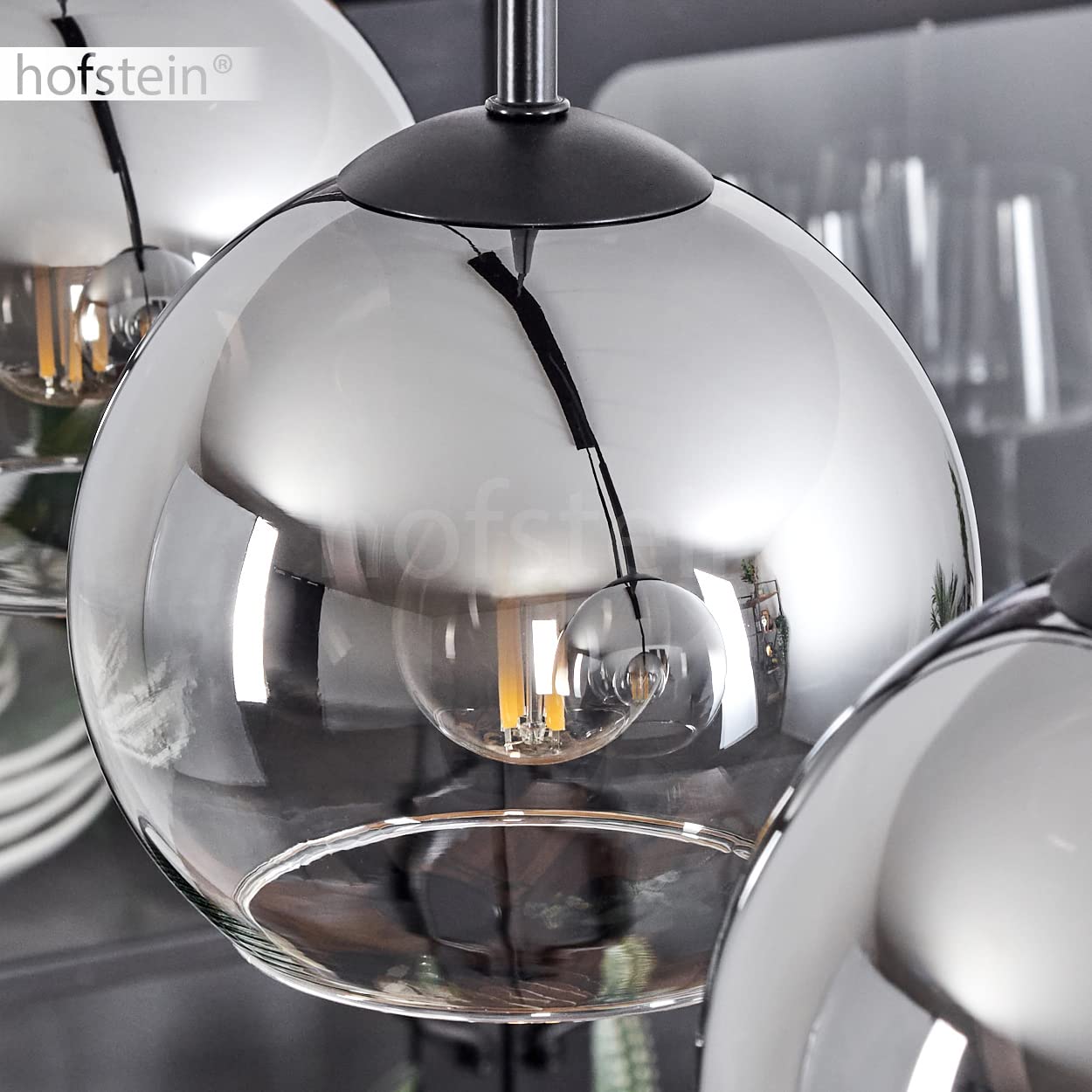 Koyoto hanglamp, metaal/glas hanglamp in zwart/chroom kleur, 4-lamps armatuur in vintage/retro design met glazen kappen ( 25 cm), hoogte max. 147 cm, 4 x E27, gloeilampen niet inbegrepen