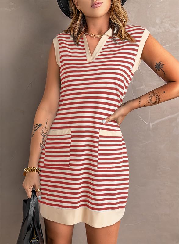 Image of Dokotoo Womens Summer Dresses 2025 V-Neck Sleeveless Striped Casual Mini Dress Sundress with Pockets