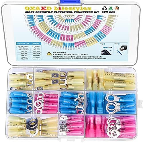 125PCS Heat Shrink Wire Connectors,Electrical Terminals Kit,Waterproof,Automotive Marine Electrical Terminals Kit,Ring Fork Hook Spade Butt Splices,Tinned Red Copper(3ColorsX8Size),12-10,16-14,22-16