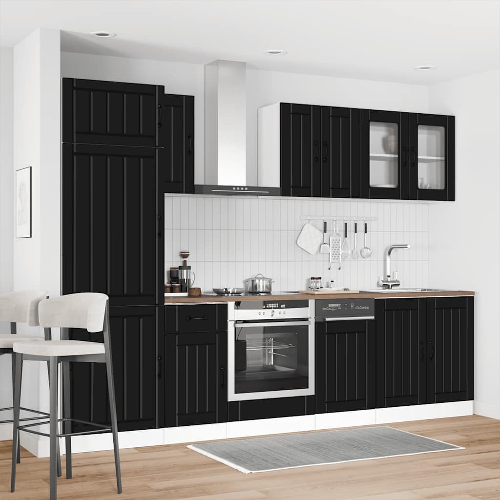 Set Mobili da Cucina 8 Pezzi Kalmar Nero in Legno | Soluzione modulare da cucina con pensili in vetro e piedini regolabili, ideale per ottimizzare ogni spazio.