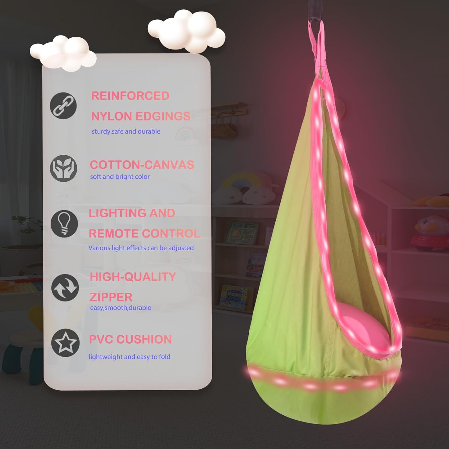 Light Up Pod Swing Seat, Sensory Swing, Upgraded Kids Hanging Hammock Swing with LED Lights,16 Color Modes, Cotton Kids Chair for Indoor and Outdoor,Inflatable Pillow,Easy to Install (Green)