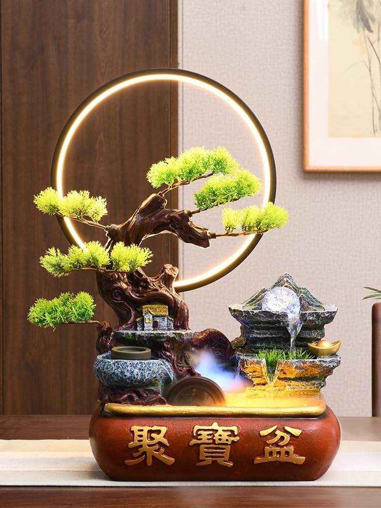 Fuente Decorativa para jardín Fuente de rocalla Decorativa Escritorio con Cuenco del Tesoro y Rueda la Fortuna Feng Shui Anillo luz atomizada(Pequeño)