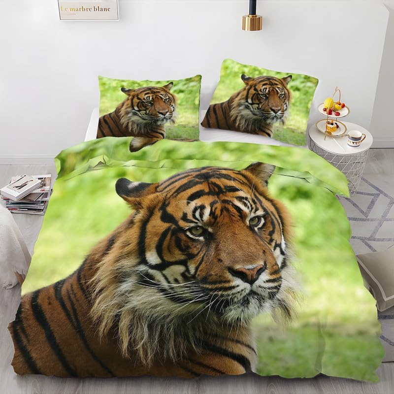 Grass Green Tiger Duvet Cover Full Animal Print Bedding Sets Full Soft Microfiber Comforter Cover and 2 Pillow Shams 20"X26", Bed Set Duvet Covers
