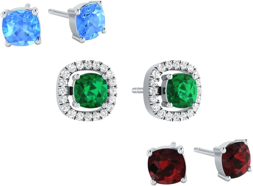 Demira Jewels 3 Gemstone (Emerald, Blue Topaz & Garnet) Stud Earrings with Real Diamond & 925 Sterling Silver Jacket - Multipack, Changeable