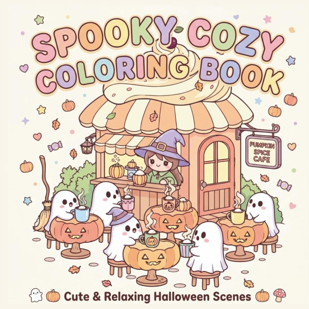 Spooky Cozy Coloring Book: Cute & Relaxing Halloween Scenes with Adorable Ghosts, Cozy Cafes, Magical Shops and Hygge Coloring Pages for Stress ... Shops and Cozy Hygge Designs for Relaxation