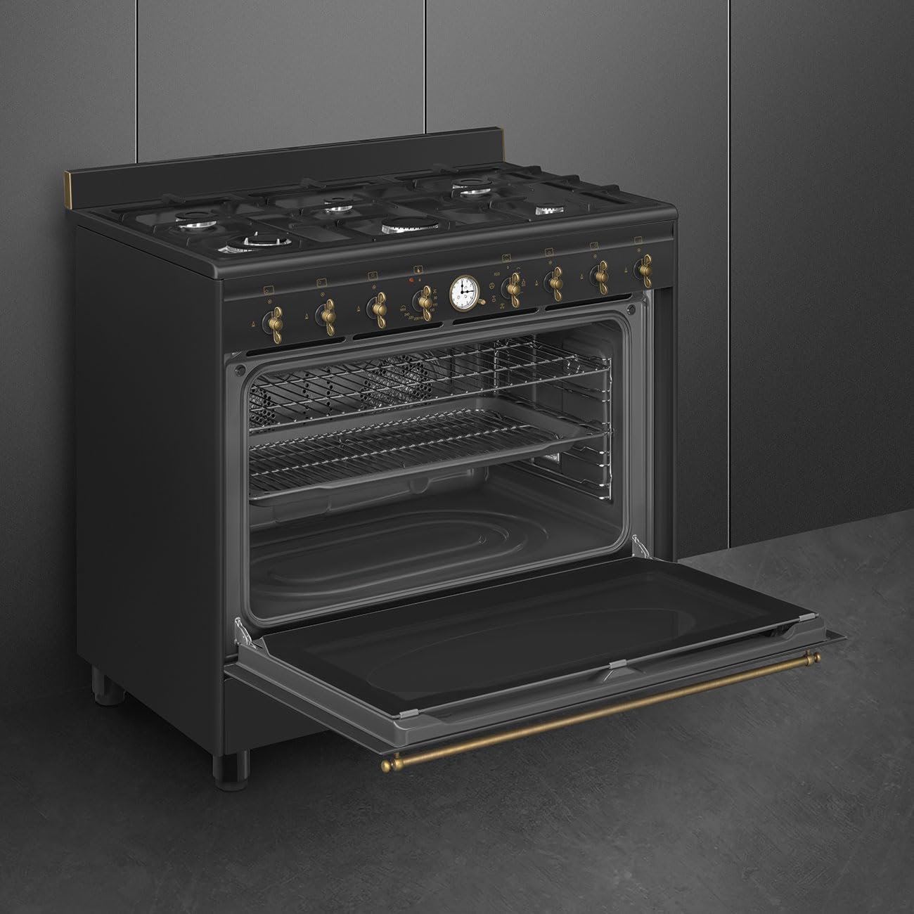 Smeg CO90GMAN2 Cuisine au Gaz, 90 Cm, 6 Brûleurs, Ligne Coloniale, Four Électrique Multifonctions, Nettoyage à la Vapeur, Couleur Anthracite, Classe Énergétique A