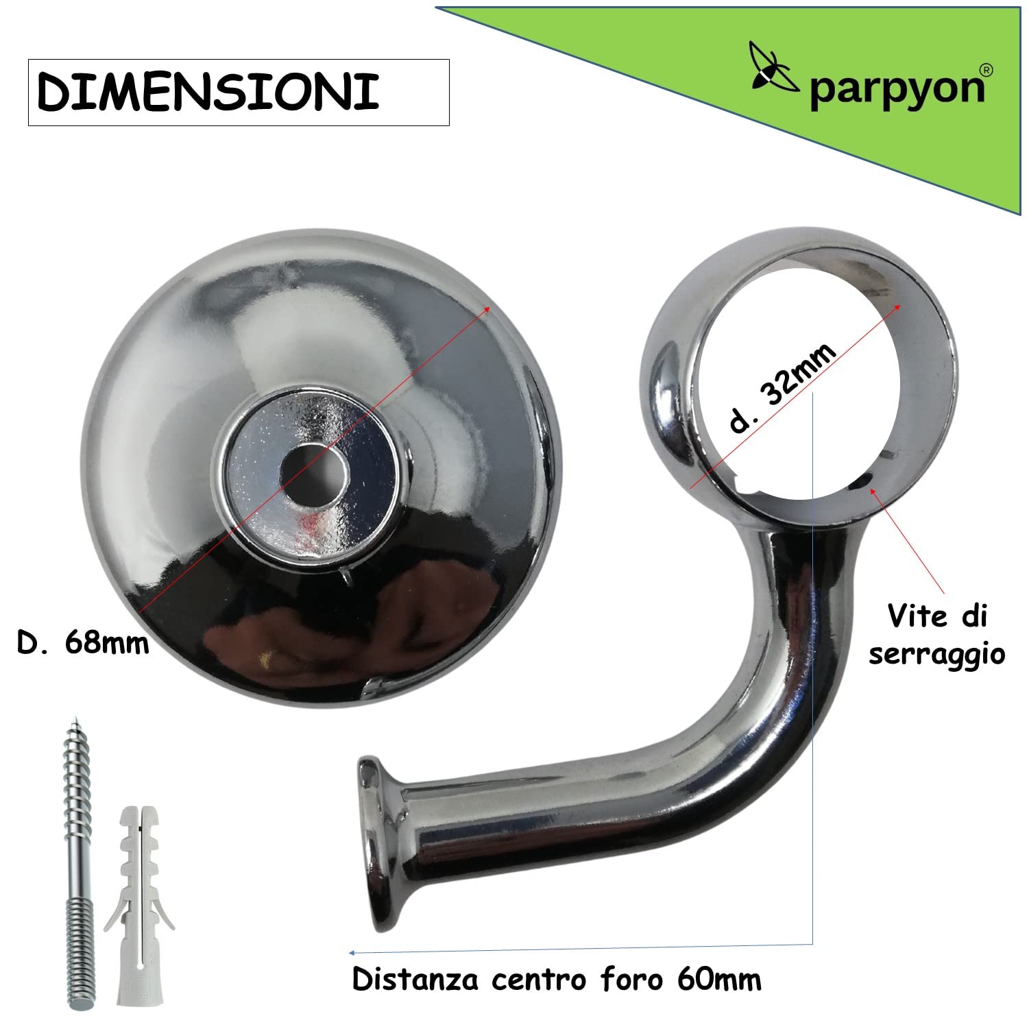 Parpyon® Supporti per corrimano a muro Staffe tubo passamano in Ferro accessori per ringhiere, Reggi Tubi con tasselli e viti prodotto italiano (Supporti 525, Cromo-525)