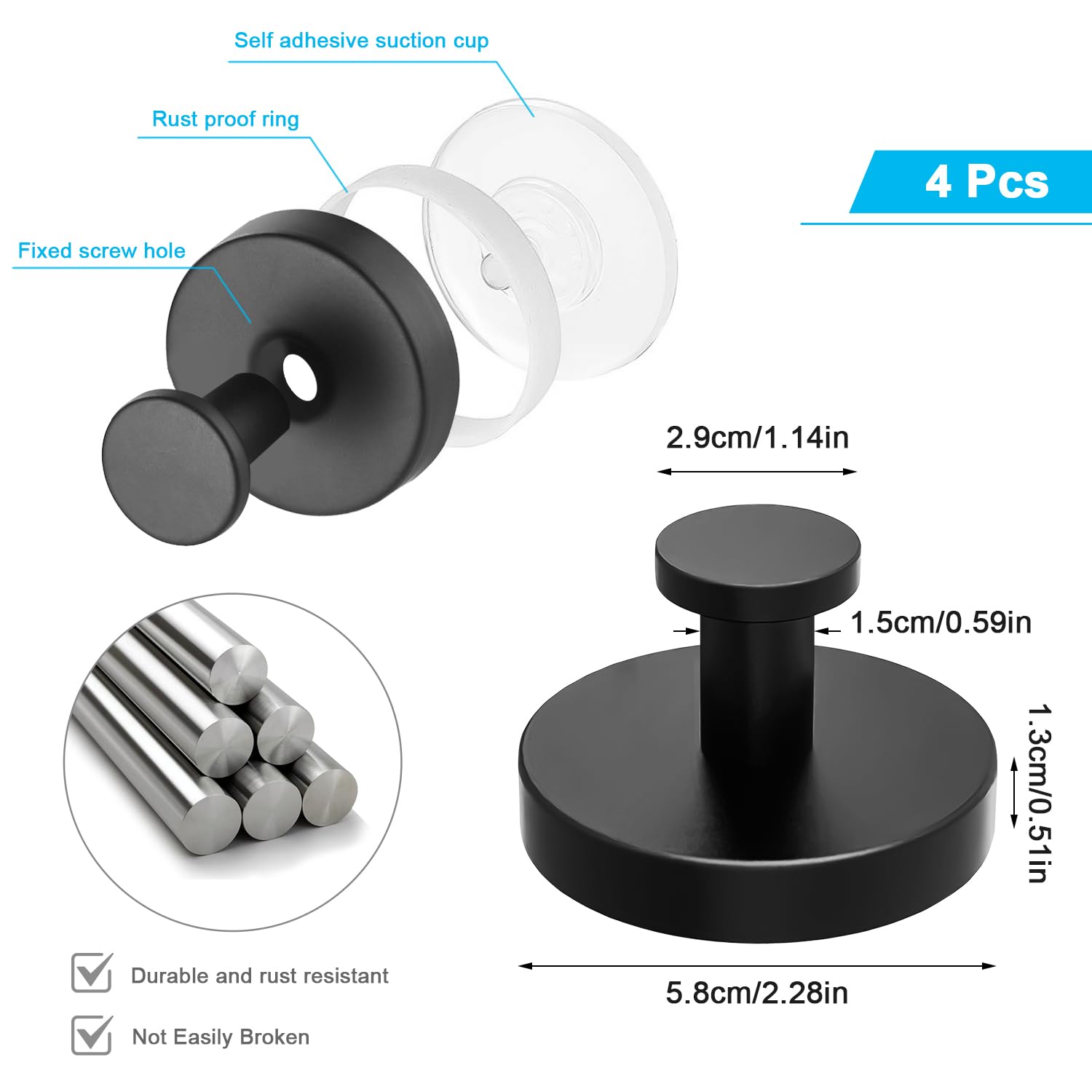 Demarsen 4 Pcs Suction Cup Hooks No Drill Suction Hooks Stainless Steel Heavy Duty Suction Hooks for Bathroom Kitchen Suction Cup Hooks for Shower Bathroom Kitchen Glass Door (Black) - Image 2