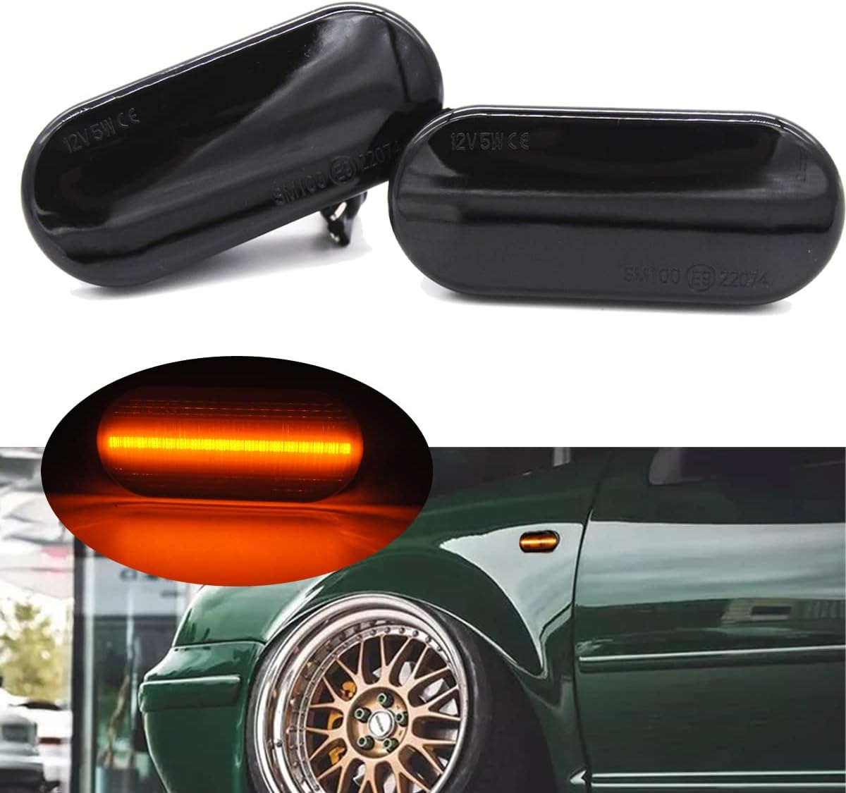 YeSeHow 2Pcs Sequential Flashing Smoked Amber LED Side