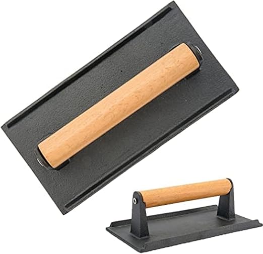 Alpine Cuisine Grill Press Cast Iron - 8x4.5in - Pre Seasoned with Wood Handle, Heavy Duty Steak & Burger Press, Perfect Gadget for Bacon, Paninis, Sandwiches & Vegetables - Weighs 2.9-pounds