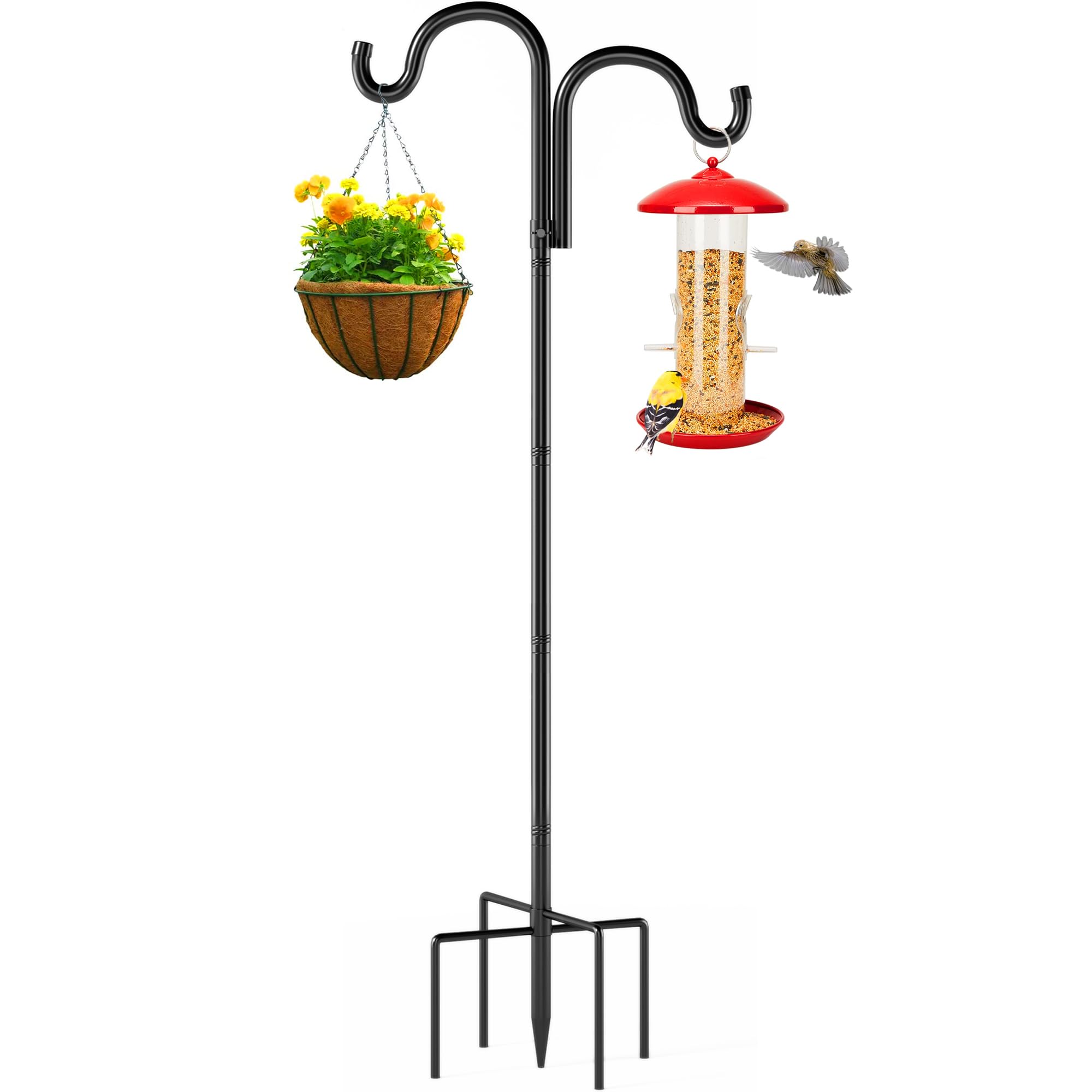 Double Shepherds Hooks for Outdoor,92" Heavy Duty Bird Feeder Pole with 5 Prong Base, Adjustable Shepherds Hook for Bird feeders Outside, Garden, Weddings, Hanging Plants, 1 Pack, Black