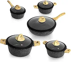 Jogo de Panelas 5 Peças em Cerâmica Tipo Granito Antiaderente com Tampas de Vidro – Alumínio de Alta Espessura, Cabos Anatômicos, Compatível com Indução – Cor Preto